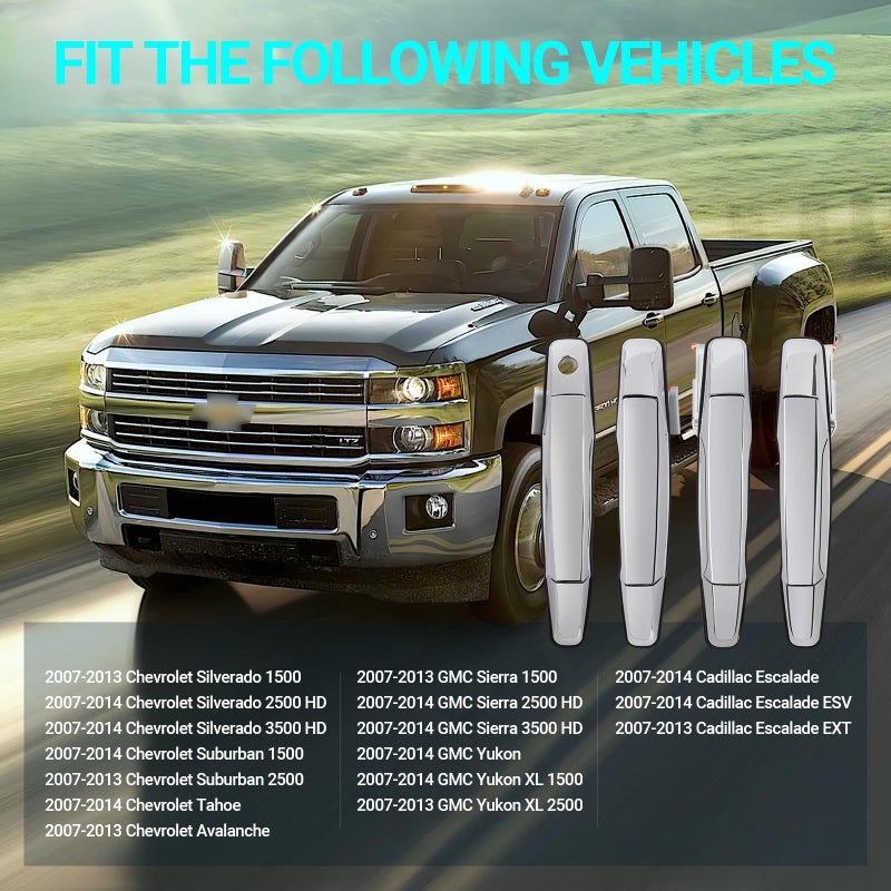 MNJWS Exterior Chrome Door Handle - Compatible with 2007-2013 Chevy Avalanche, Silverado, Suburban, Tahoe, GMC Sierra, Yukon, Cadillac Escalade Pickup Truck SUV - 4 PCS Front Rear Driver & Passenger Side - Image 2